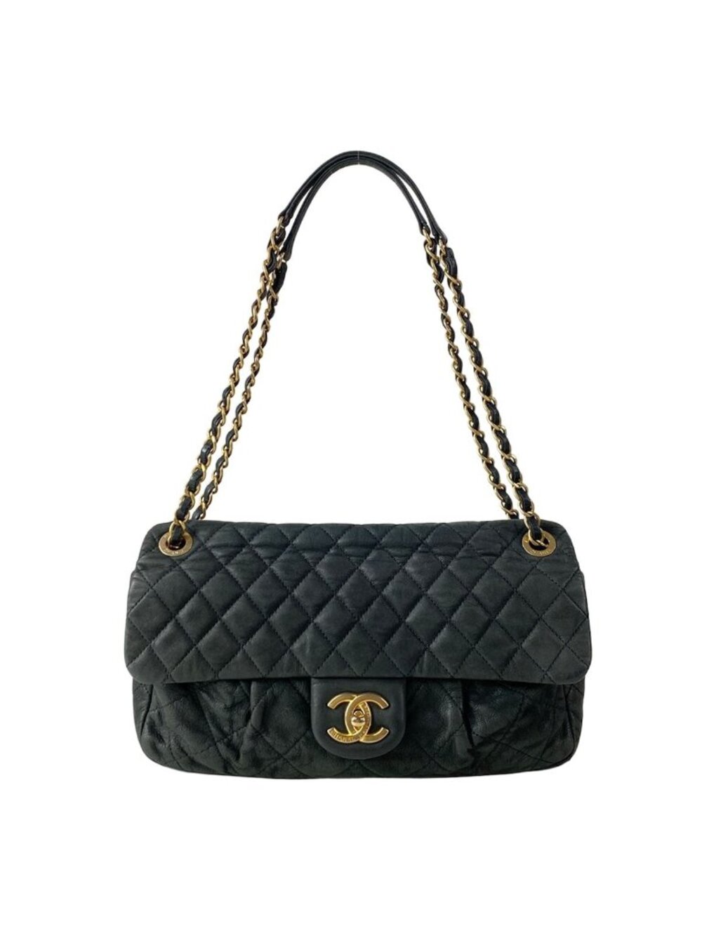 Chanel Shoulder Bag Single Flap Quilted Black Chain Matte Gold Leather